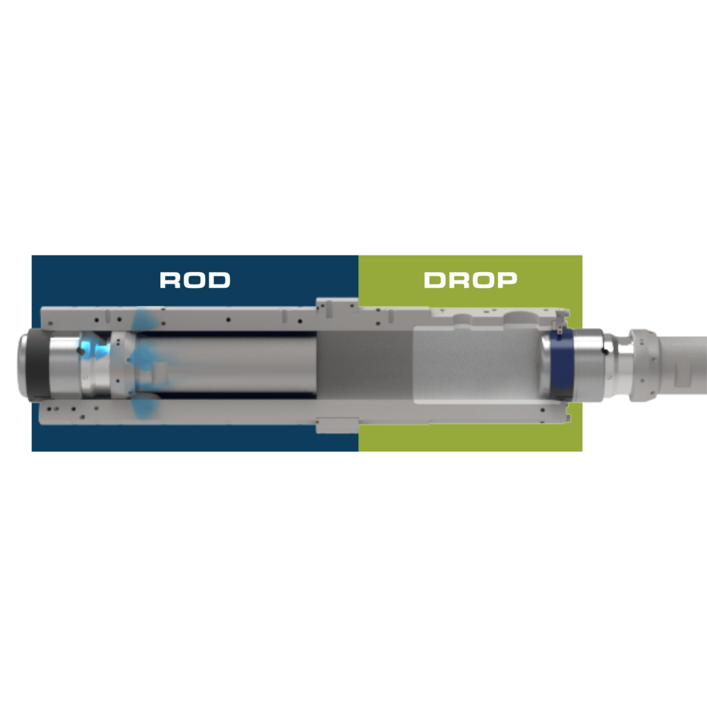 This is an image demonstrating the Lube Drop lubrication system, which discharges lubricant onto the ring of the plunger tip before the stroke, and the Rod Lube lubrication system, which precisely applies atomized lubricant if needed on the return stroke of the plunger rod. Both lubrication systems use Castool's blue vegetable ester-based CLS-200 lubricant which has a high flash point, low viscosity, and biodegradable.